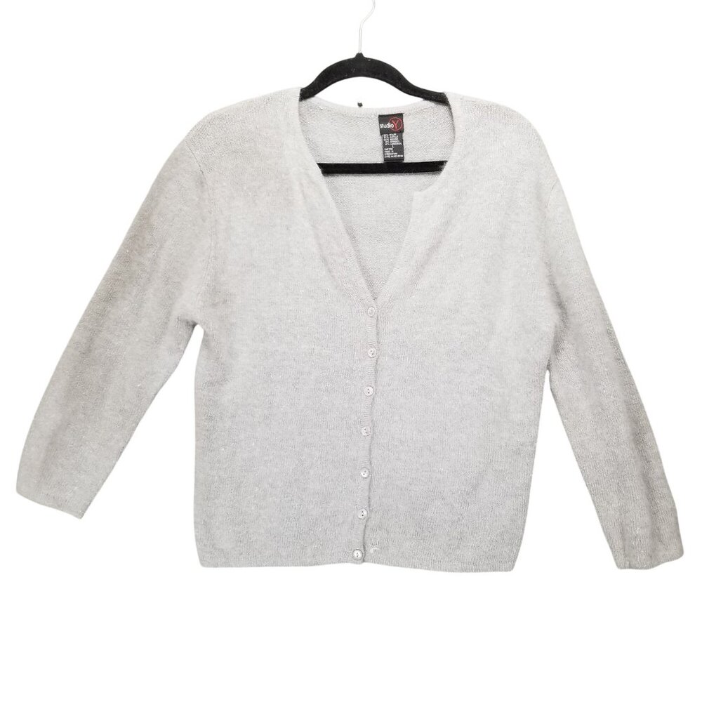 Studio Y Sweater Womens Large Gray Long Sleeve Button Up V Neck Cardigan